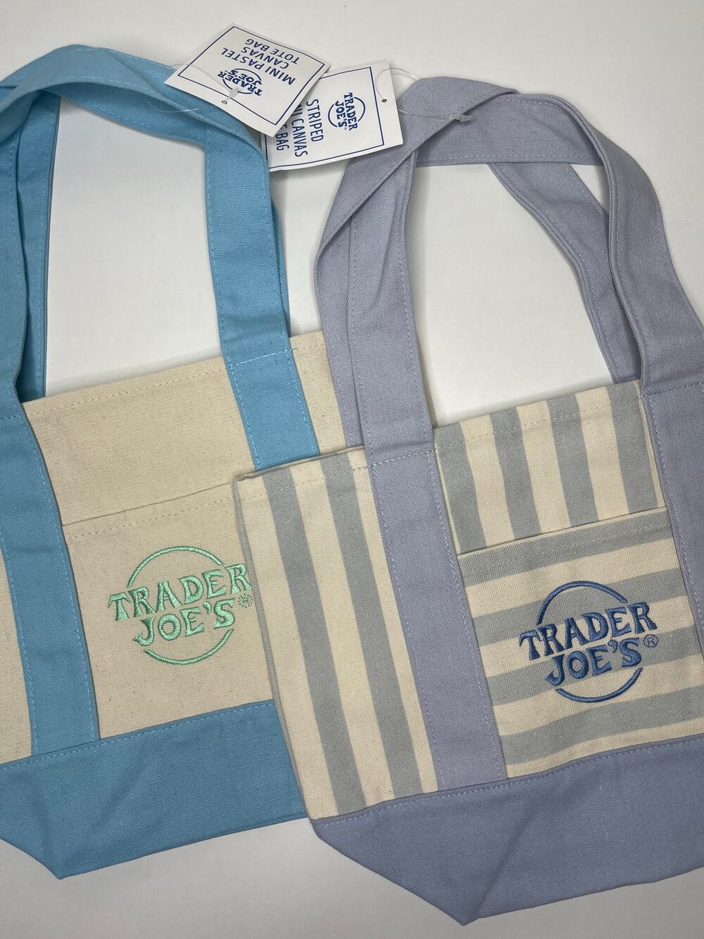 Set of 2 Trader Joe’s Canvas MINI Tote Bag Limited Edition, PASTEL BLUE + STRIPE